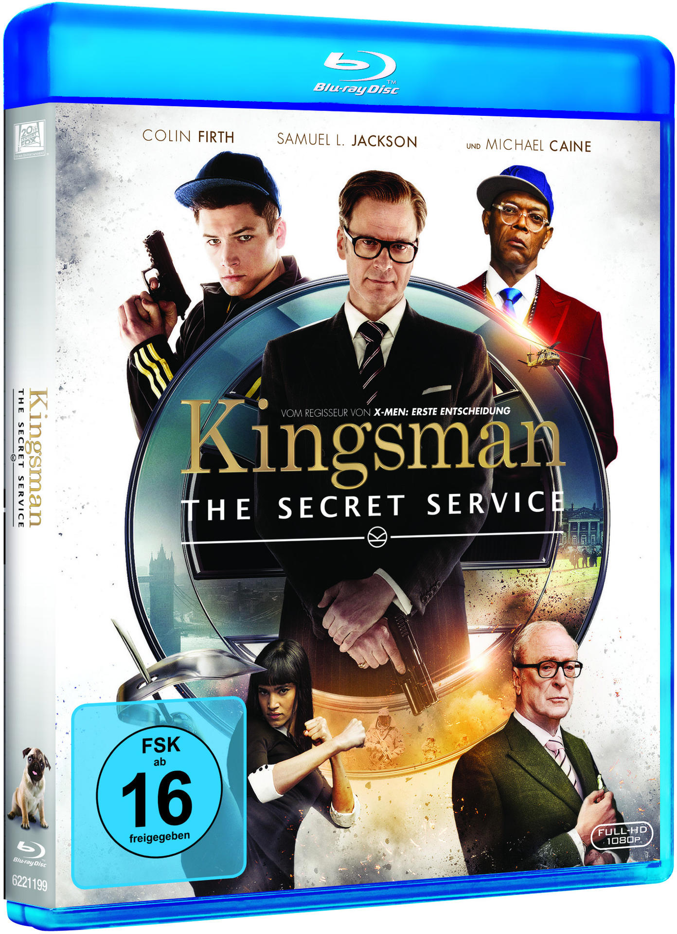 Blu-ray-Cover von Kingsman mit Colin Firth, Samuel L. Jackson und Michael Caine, sowie Text auf Deutsch.