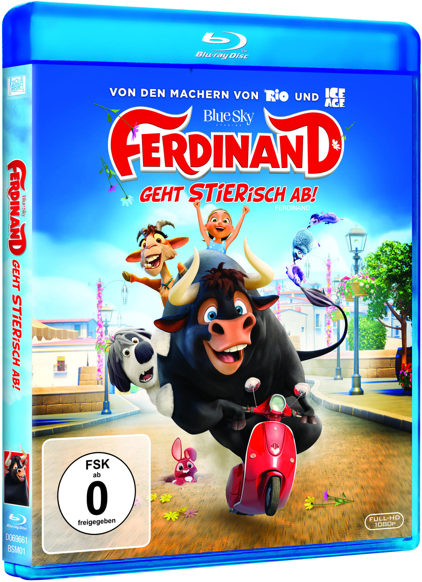 Blu-ray-Cover für den Animationsfilm 'Ferdinand'. Zeigt den Bullen, Freunde und einen Roller.