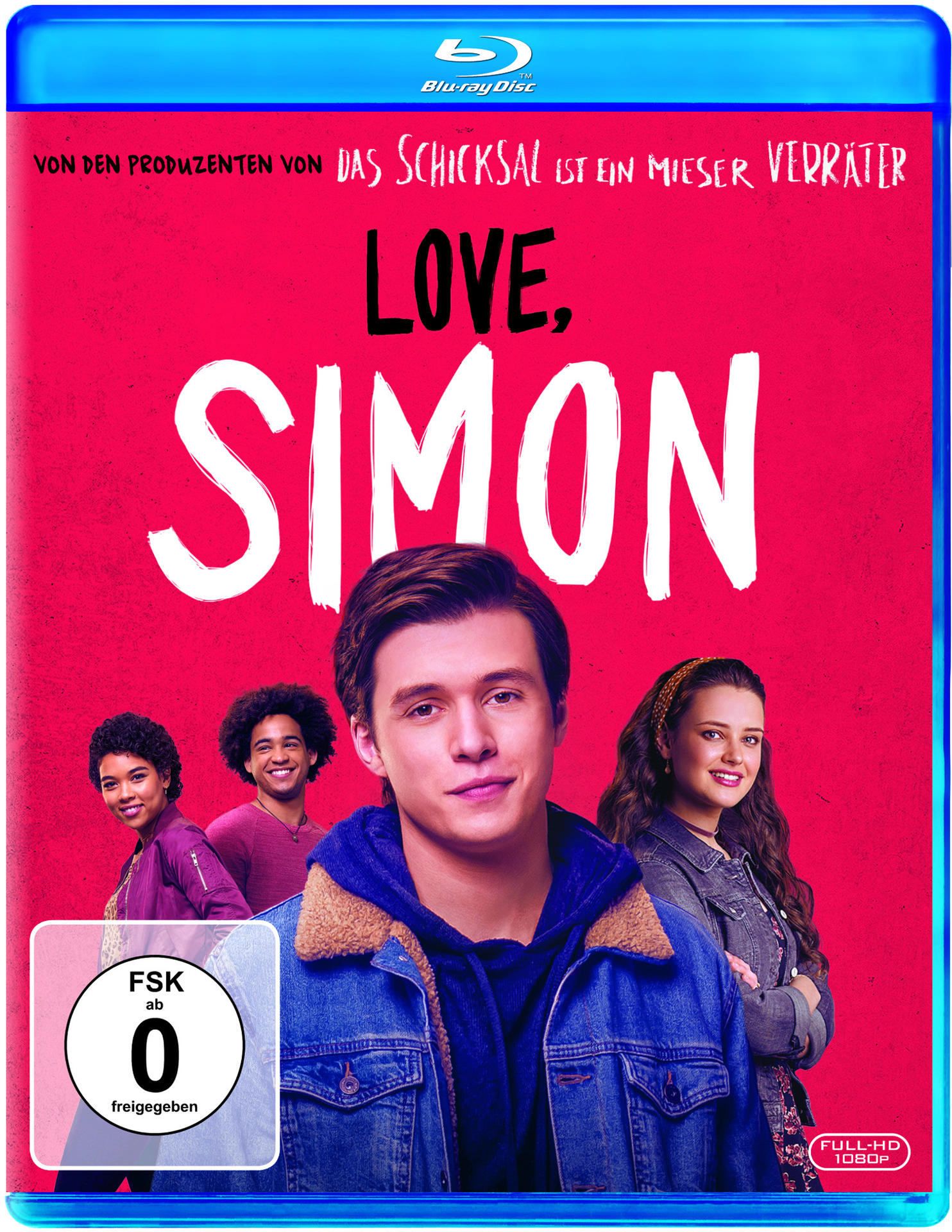 Filmplakat: Love, Simon. Junger Mann lächelt, umgeben von anderen. Blu-ray Disc mit Bewertung. Titel in großem Text.