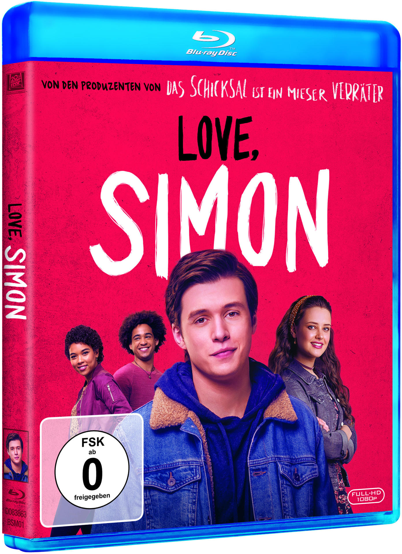 DVD-Hülle von 'Love, Simon' mit Schauspielern und rotem Hintergrund.