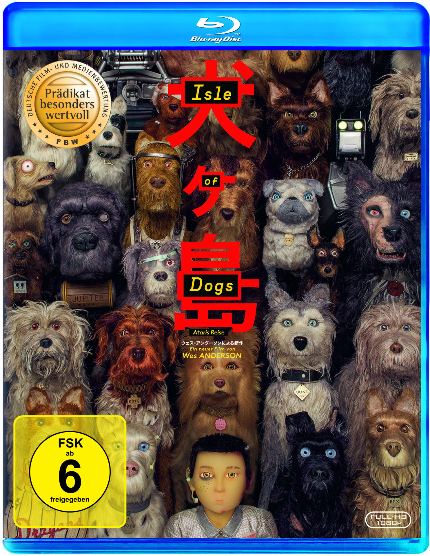 Isle of Dogs Blu-ray-Cover. Animierte Hunde verschiedener Rassen und ein Junge auf blauem Grund.