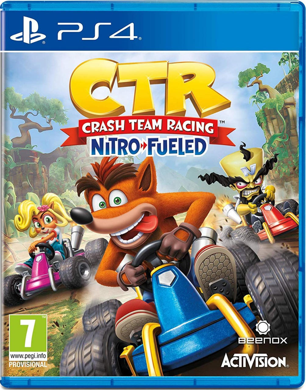 Jaquette du jeu PS4 avec Crash Bandicoot dans une voiture de course avec d'autres personnages.