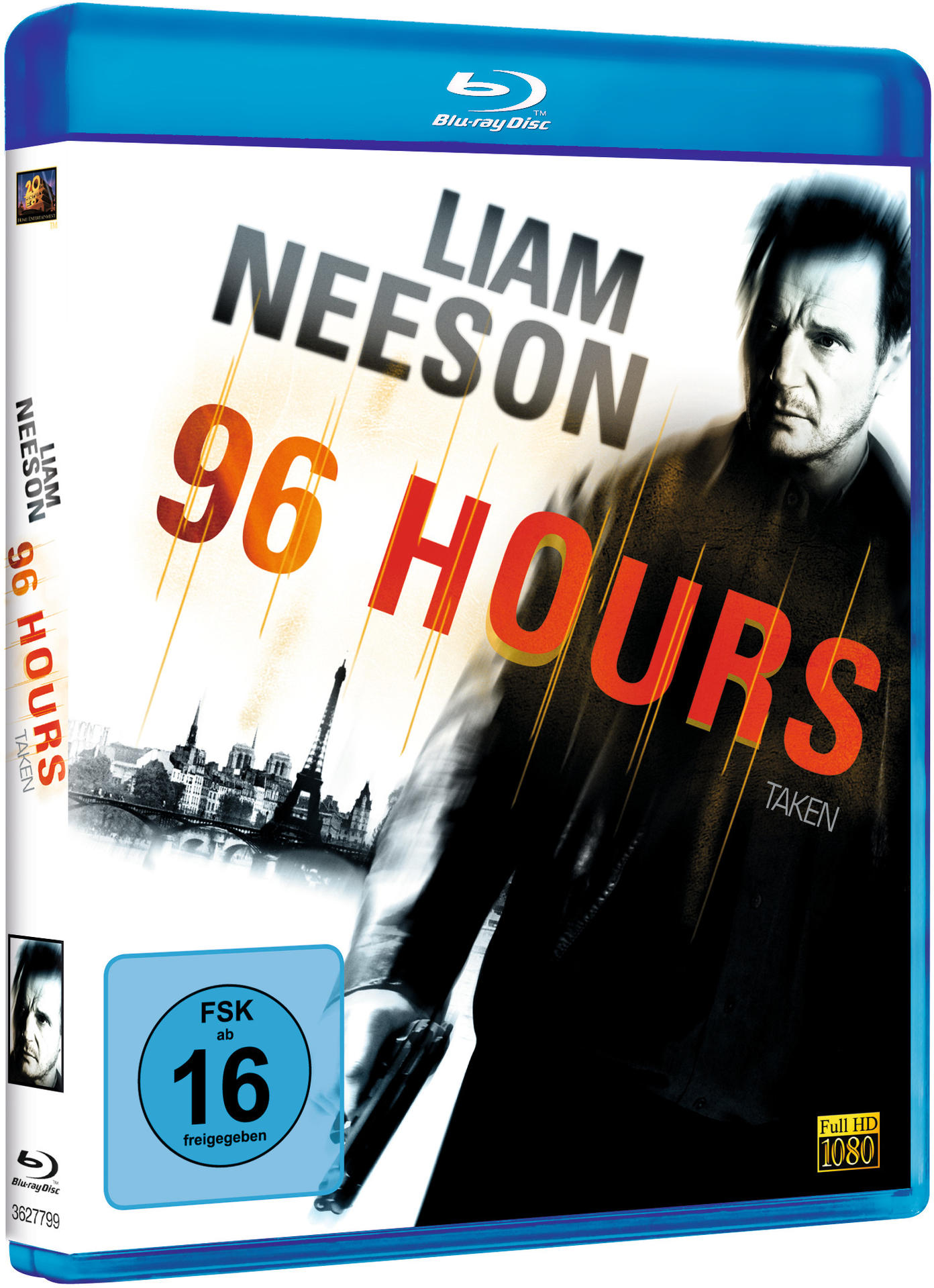 Blu-ray-Filmcover für "Taken" mit Liam Neeson. Zeigt Paris und einen Mann mit einer Waffe.
