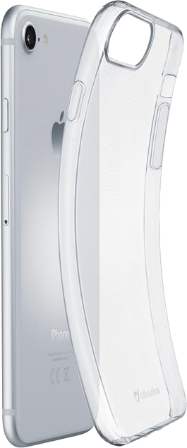 Een doorzichtige telefoonhoes is op een zilveren iPhone geplaatst en toont de achterkant van de telefoon.