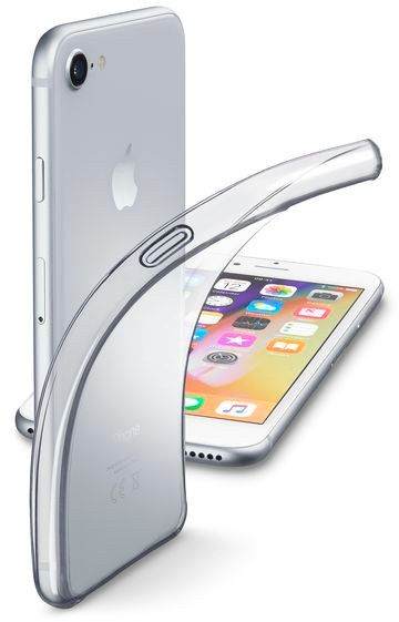 Twee telefoons, een met een doorzichtige hoes. De telefoon vooraan ligt op een wit oppervlak.