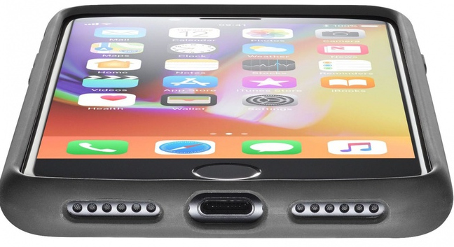 Een iPhone X/XS met hoesje, de onderkant met luidsprekers en oplaadpoort.