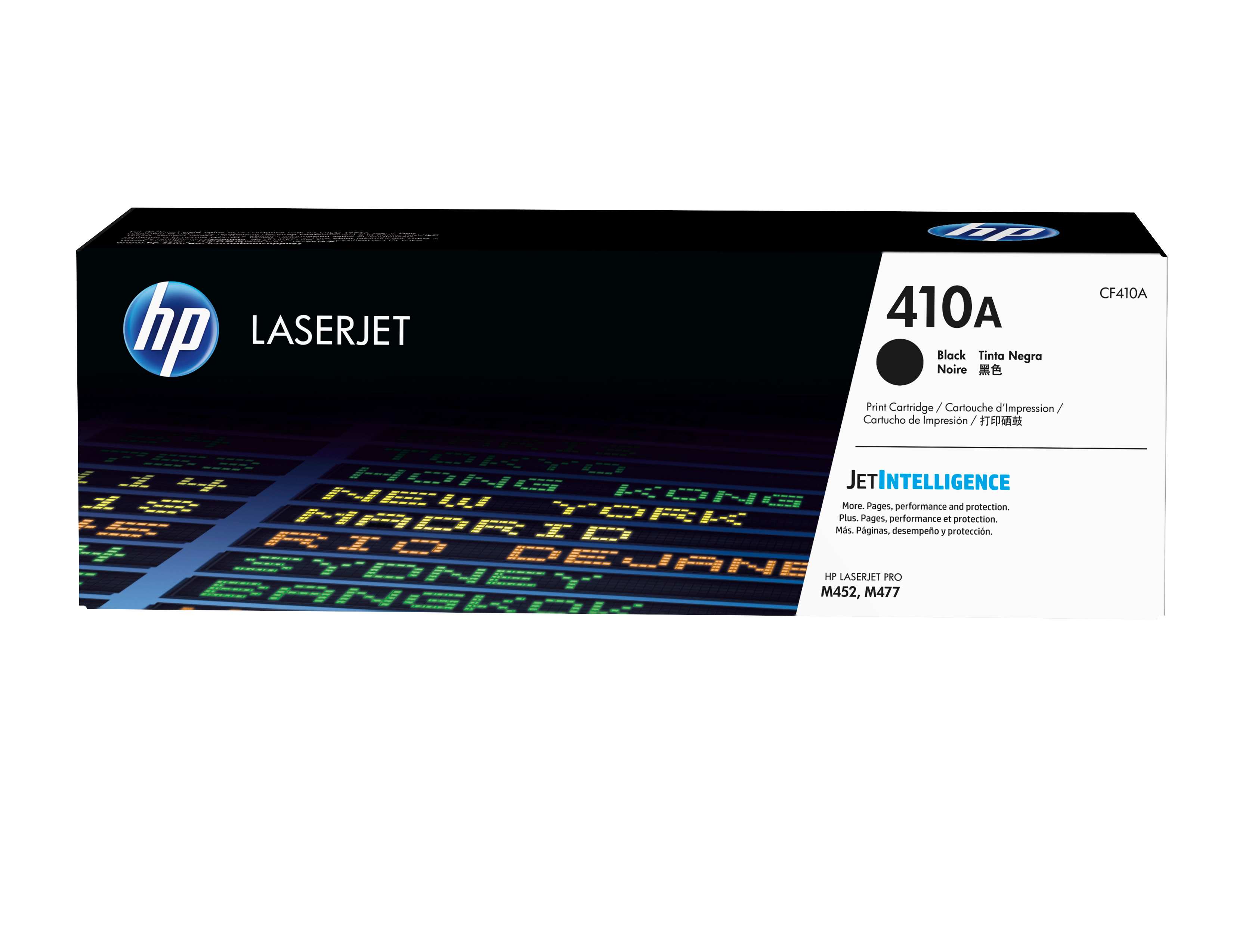 Schwarze HP LaserJet 410A Tonerkartusche, schwarzes Etikett, Text und Bilder.