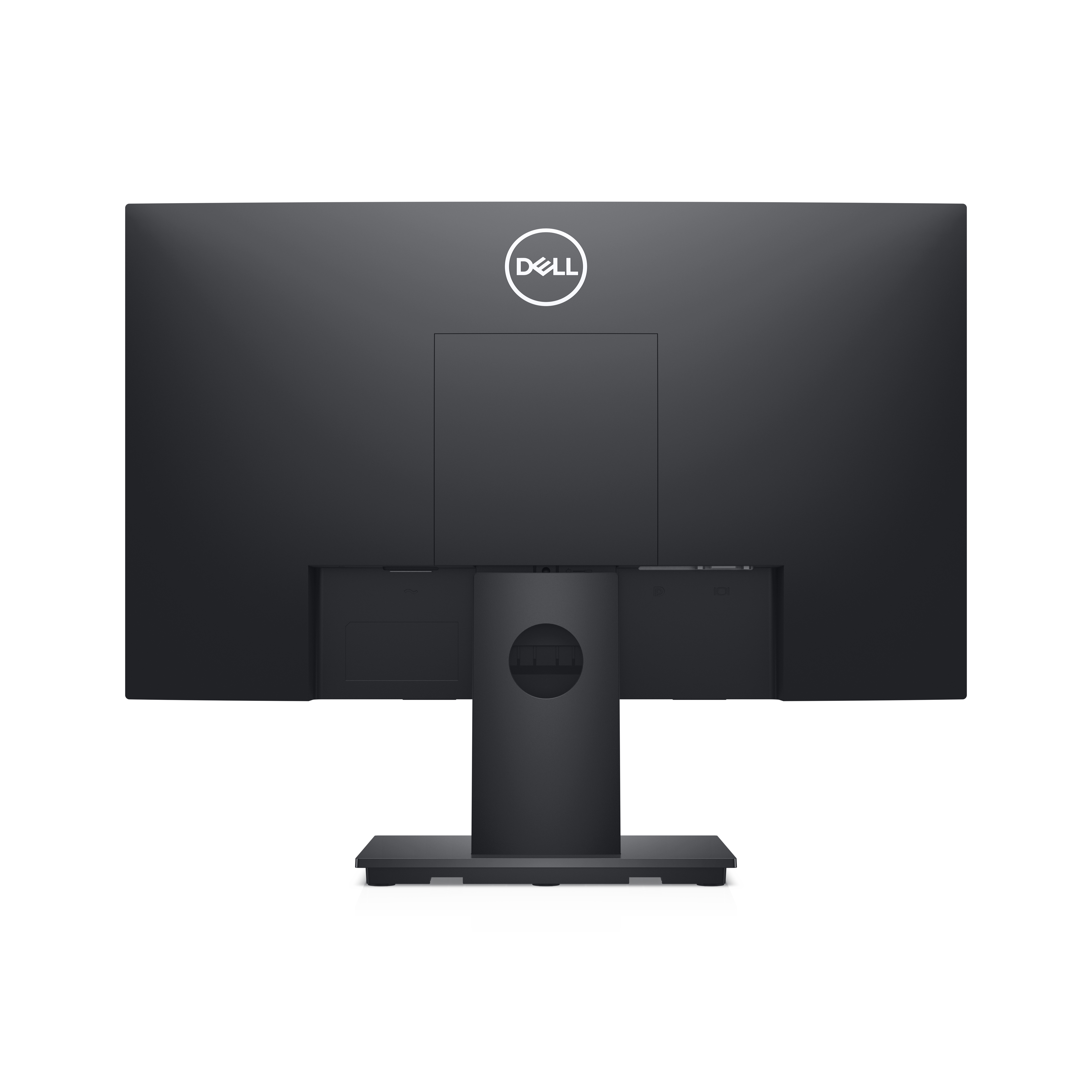 Rückansicht eines schwarzen Dell-Computermonitors auf weißem Hintergrund.