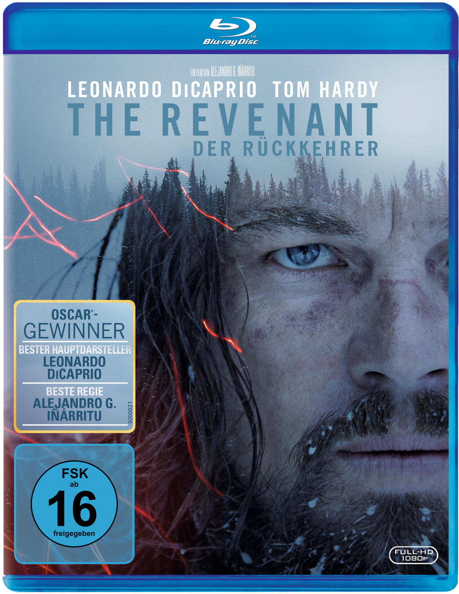 The Revenant Film Blu-ray-Cover. Leonardo DiCaprio, schneebedeckter Hintergrund und Text.
