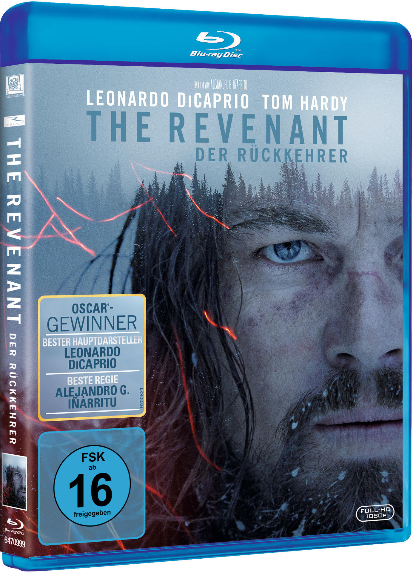 Das Blu-ray-Disc-Etui The Revenant mit Leonardo DiCaprio. Es ist in einem blauen Etui.