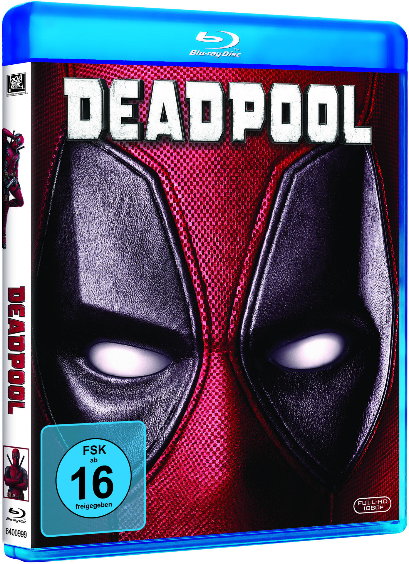 Eine Blu-ray-Disc-Hülle für den Film 'Deadpool'. Die Hülle zeigt Deadpools Maske und einen roten Hintergrund.