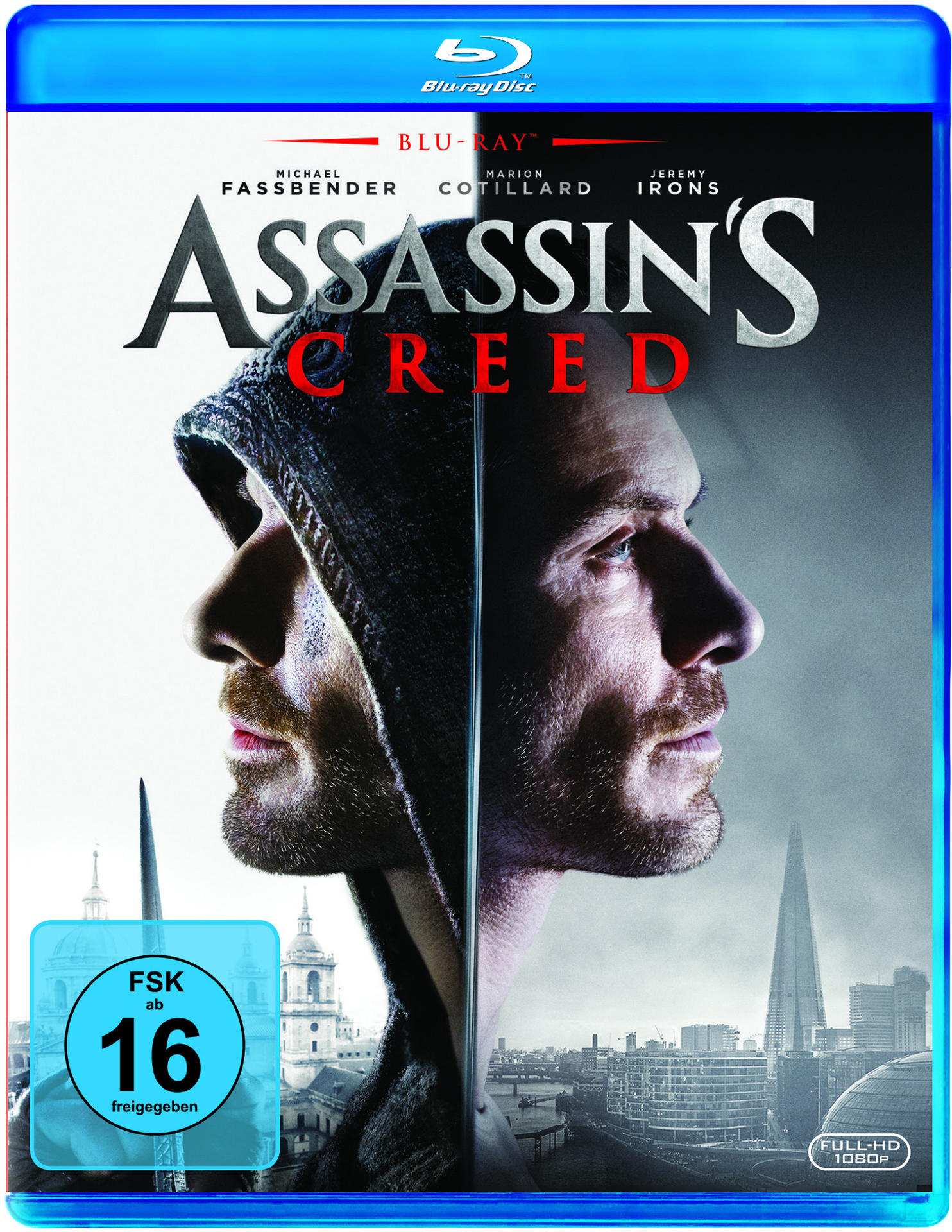 Assassin's Creed Blu-ray-Cover mit Michael Fassbender. Eine Stadt ist im Hintergrund.
