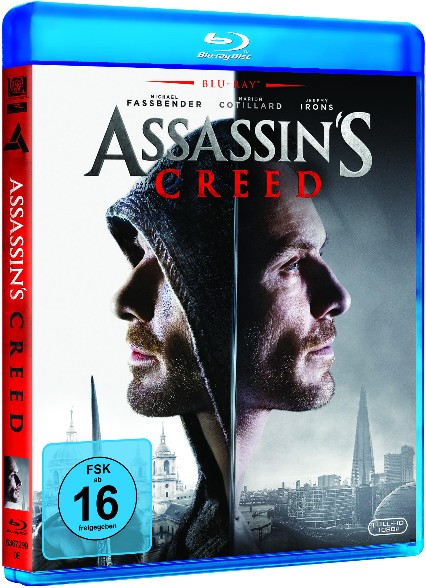 Assassin's Creed Blu-ray Cover mit zwei Gesichtern und Stadtbild.