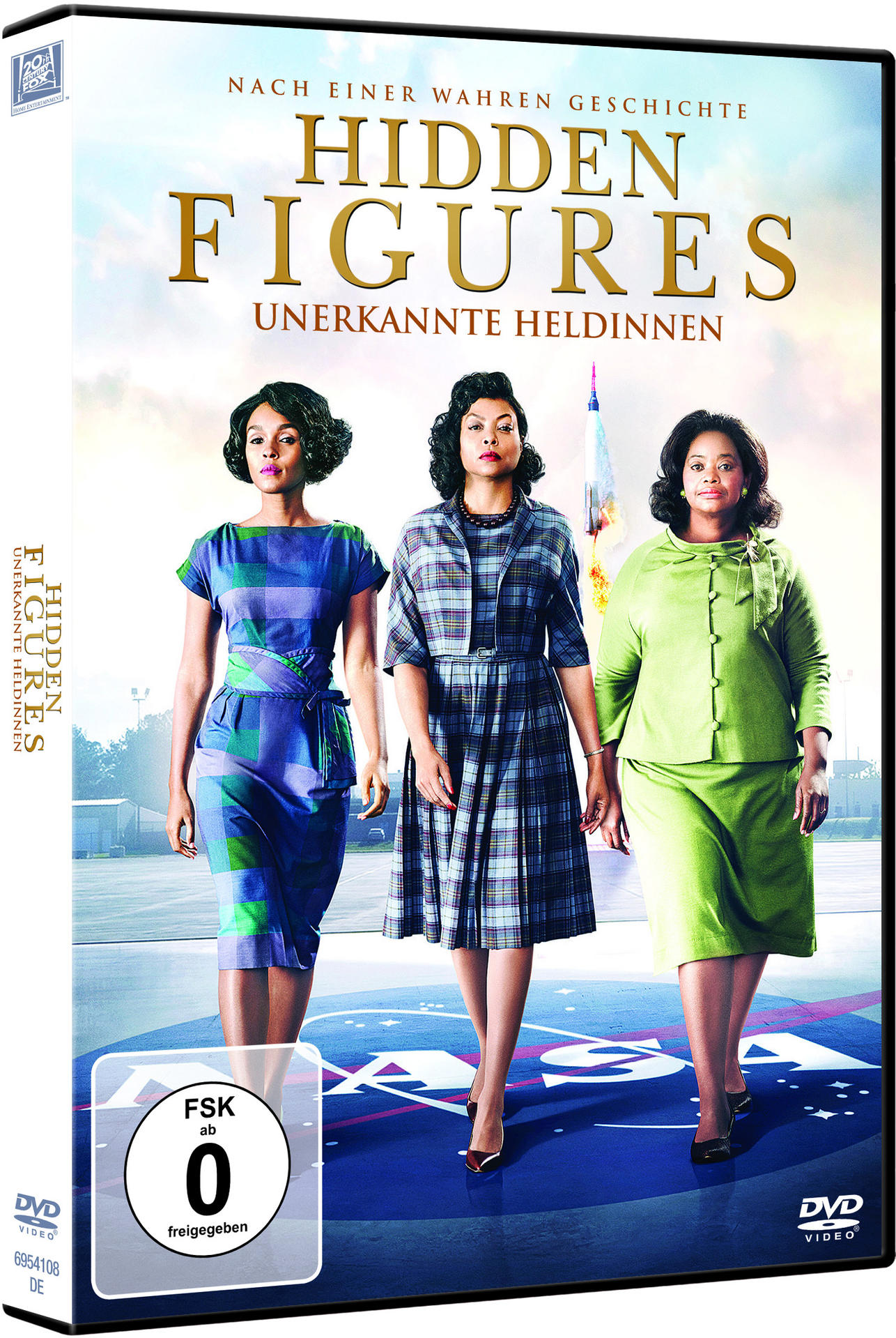DVD-Hülle von 'Hidden Figures' mit drei Frauen, die vor einem Weltraumhintergrund gehen.