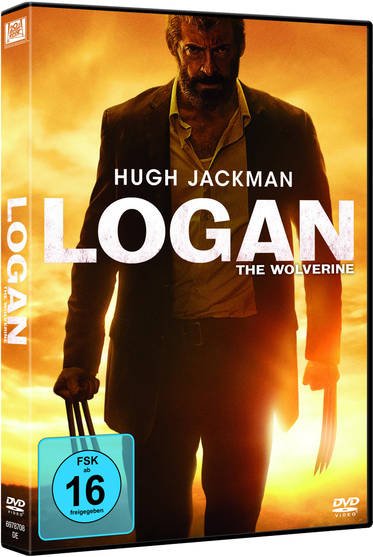 DVD-Cover für den Film Logan mit Hugh Jackman. Es hat ein Bild von ihm.