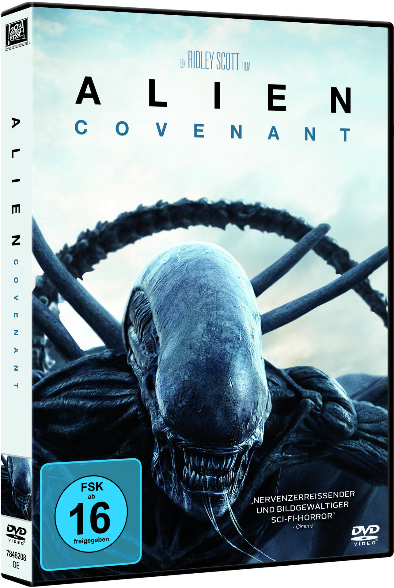 DVD-Hülle von Alien: Covenant. Zeigt ein Alien-Gesicht. Text: Alien Covenant.