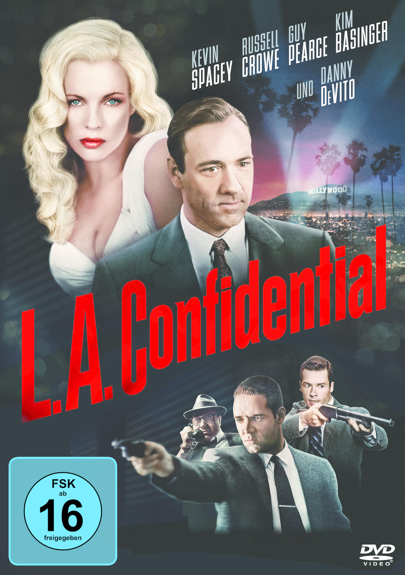 DVD-Cover von 'L.A. Confidential' mit Schauspielern, Stadtbild und Filmtitel.