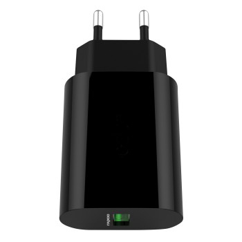 Schwarzes Telefonladegerät mit zwei Stiften und einem grünen Licht am Boden.