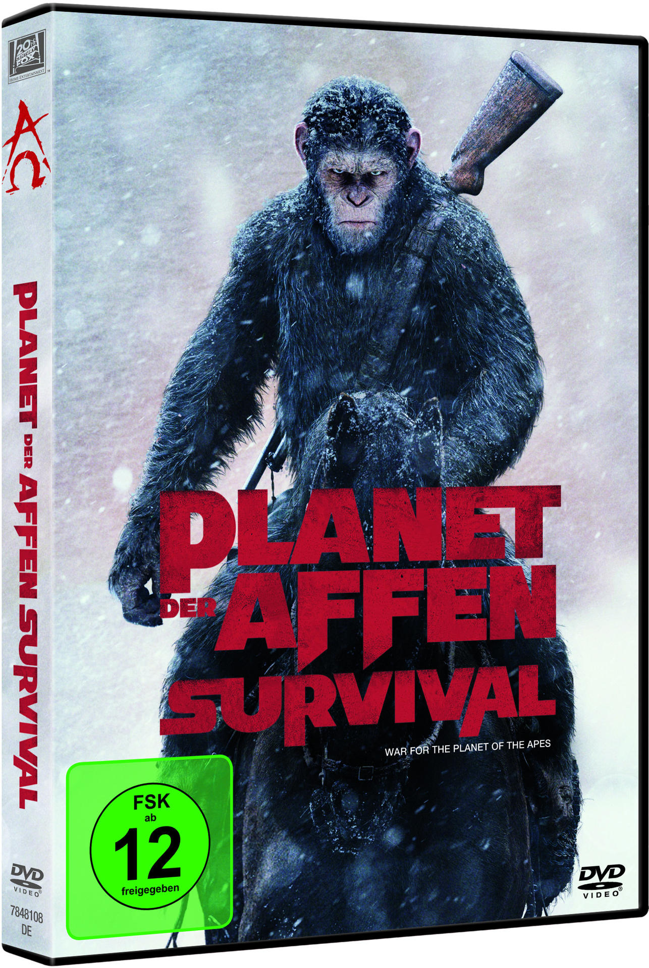 Filmcover mit einem Affen auf einem Pferd, Schnee und Gewehr.