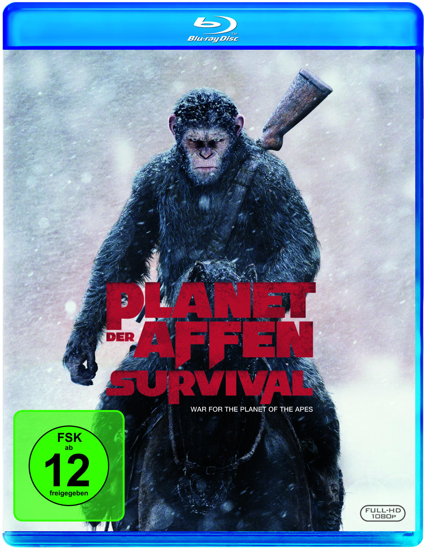 Planet der Affen DVD-Cover. Ein Affe reitet in einer verschneiten Szene auf einem Pferd. Titel ist rot.