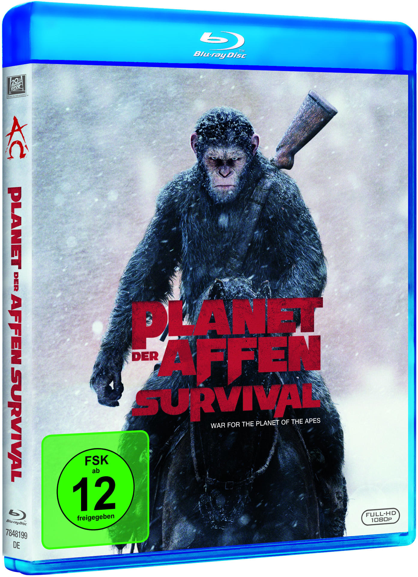 Planet der Affen Filmcover. Ein Affe auf einem Pferd, Schnee fällt. Der Titel ist prominent.
