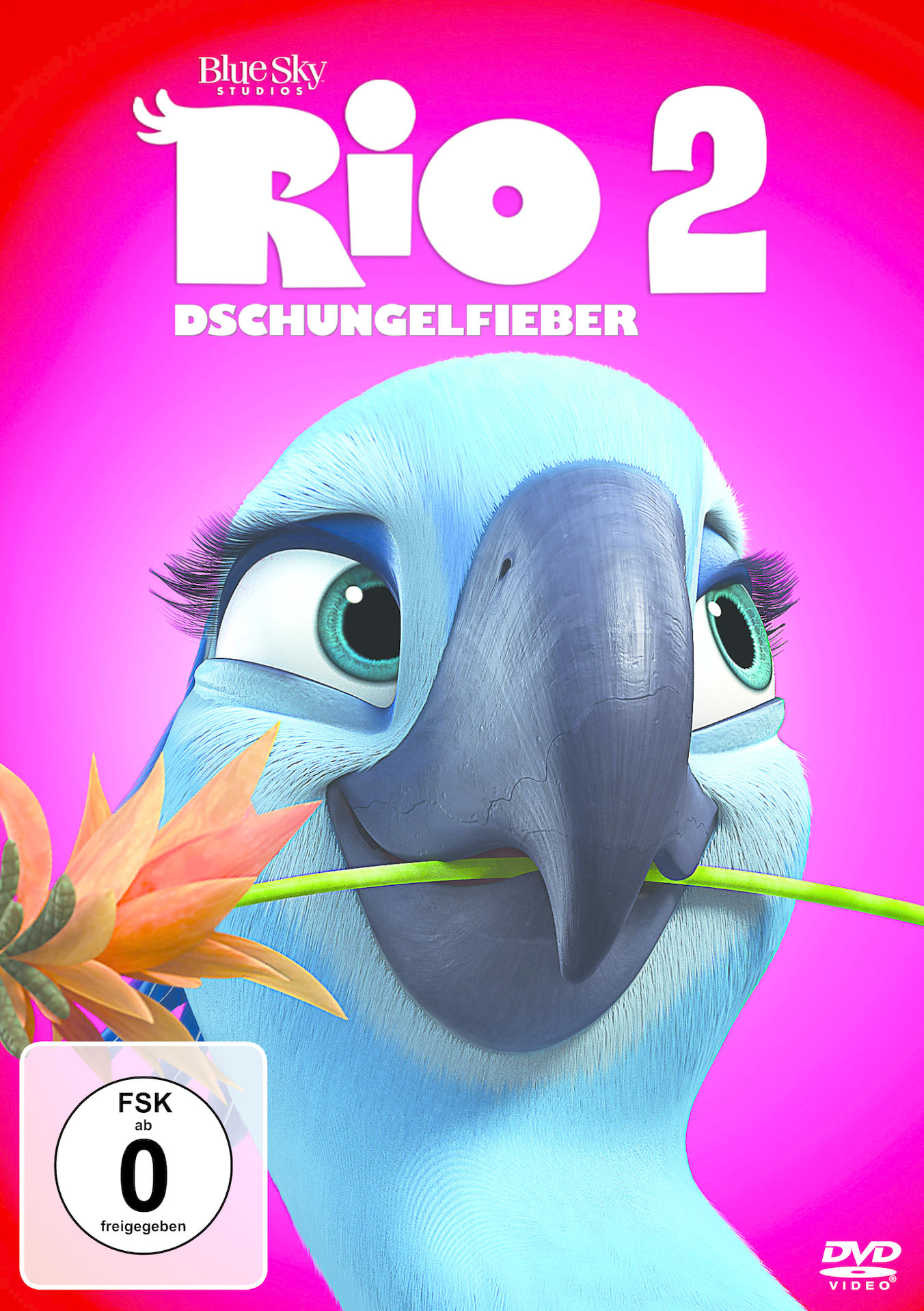 DVD-Cover für Rio 2 mit dem Gesicht eines blauen Aras und dem Filmtitel. Heller rosa Hintergrund.
