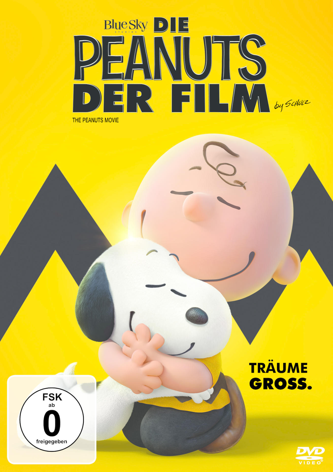 Filmposter für 'The Peanuts Movie'. Charlie Brown umarmt Snoopy. Gelber Hintergrund mit Zickzack.