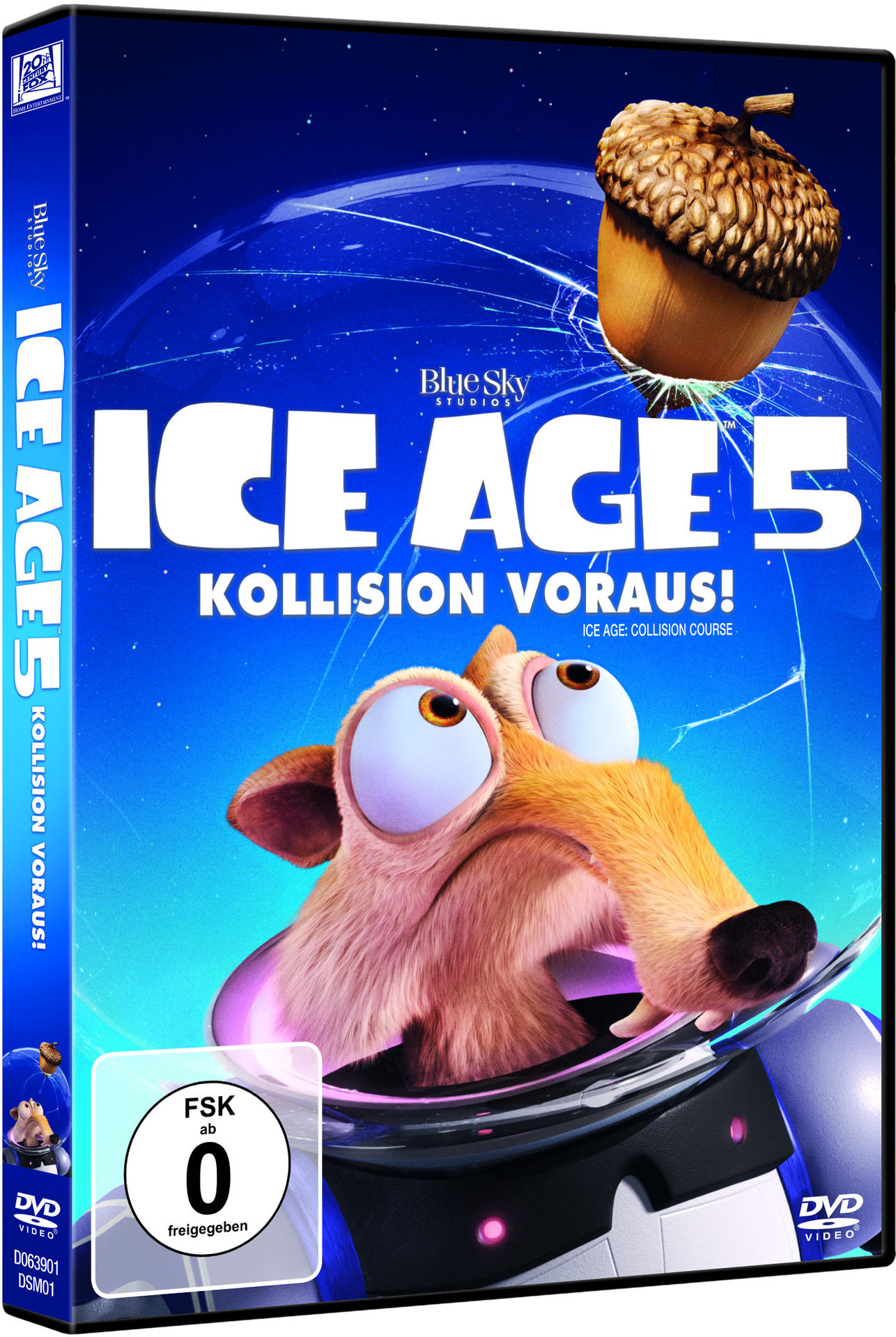DVD-Hülle Ice Age 5. Scrat schaut, Eichel oben. Blauer Hintergrund.