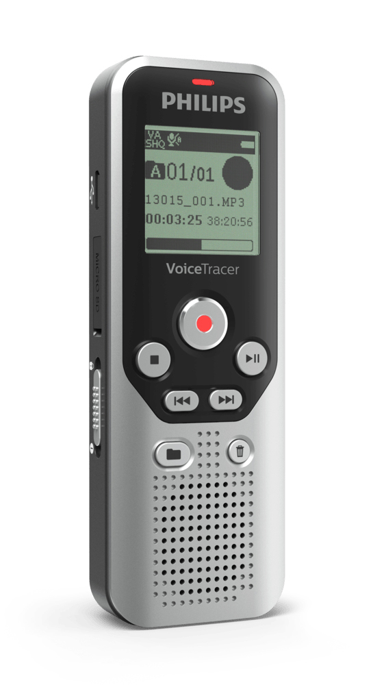 Silberner und schwarzer Philips VoiceTracer-Recorder. Ein kleiner Bildschirm zeigt Dateiinformationen an. Hat Aufnahme-, Stopp- und Wiedergabetasten.
