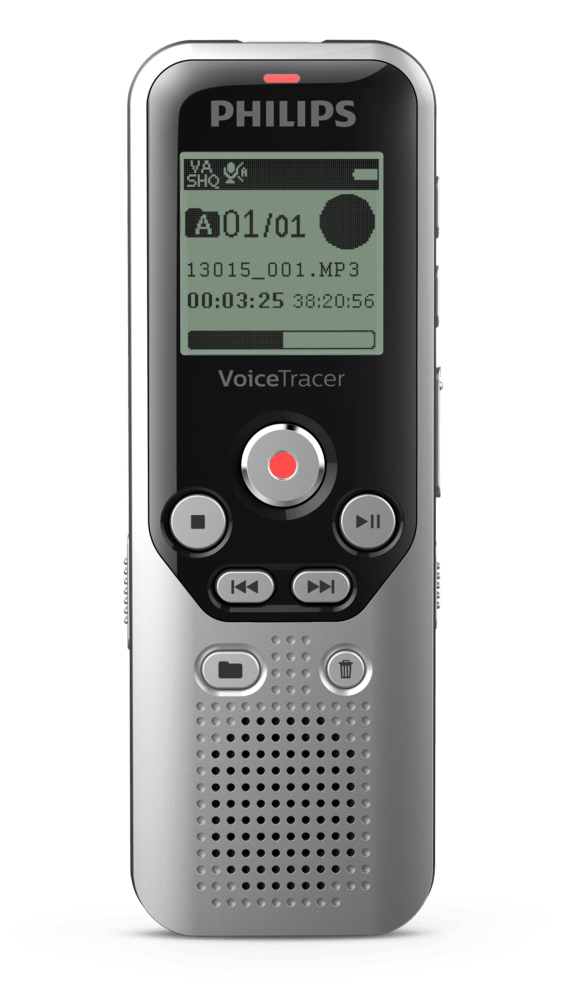 Diktiergerät mit Bildschirm, der Text und Bedienelemente anzeigt.