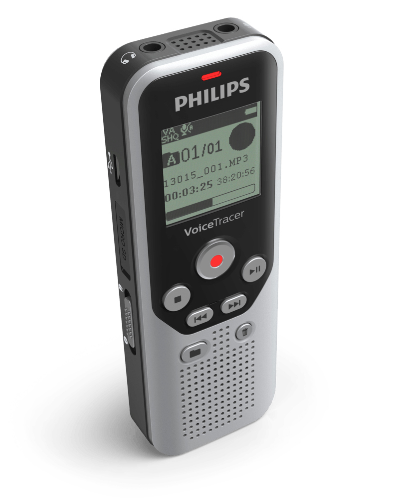 Silber-schwarzer Philips VoiceTracer-Sprachrekorder mit Bildschirm und Tasten.