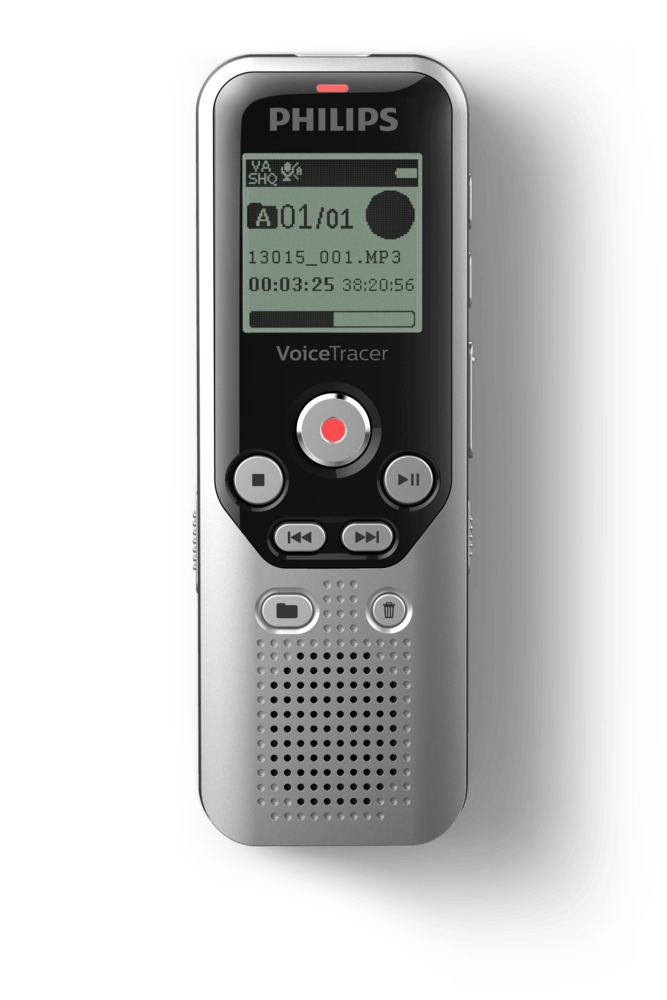 Silberner und schwarzer Philips VoiceTracer-Recorder. Ein kleiner Bildschirm zeigt Dateiinformationen an. Hat Aufnahme-, Stopp- und Wiedergabetasten.