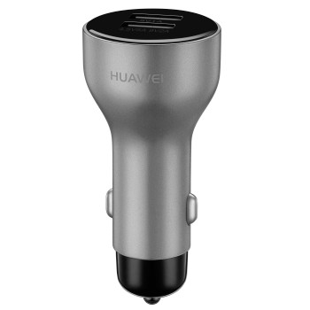 Silbernes Autoladegerät mit zwei USB-Anschlüssen, mit Huawei-Logo.