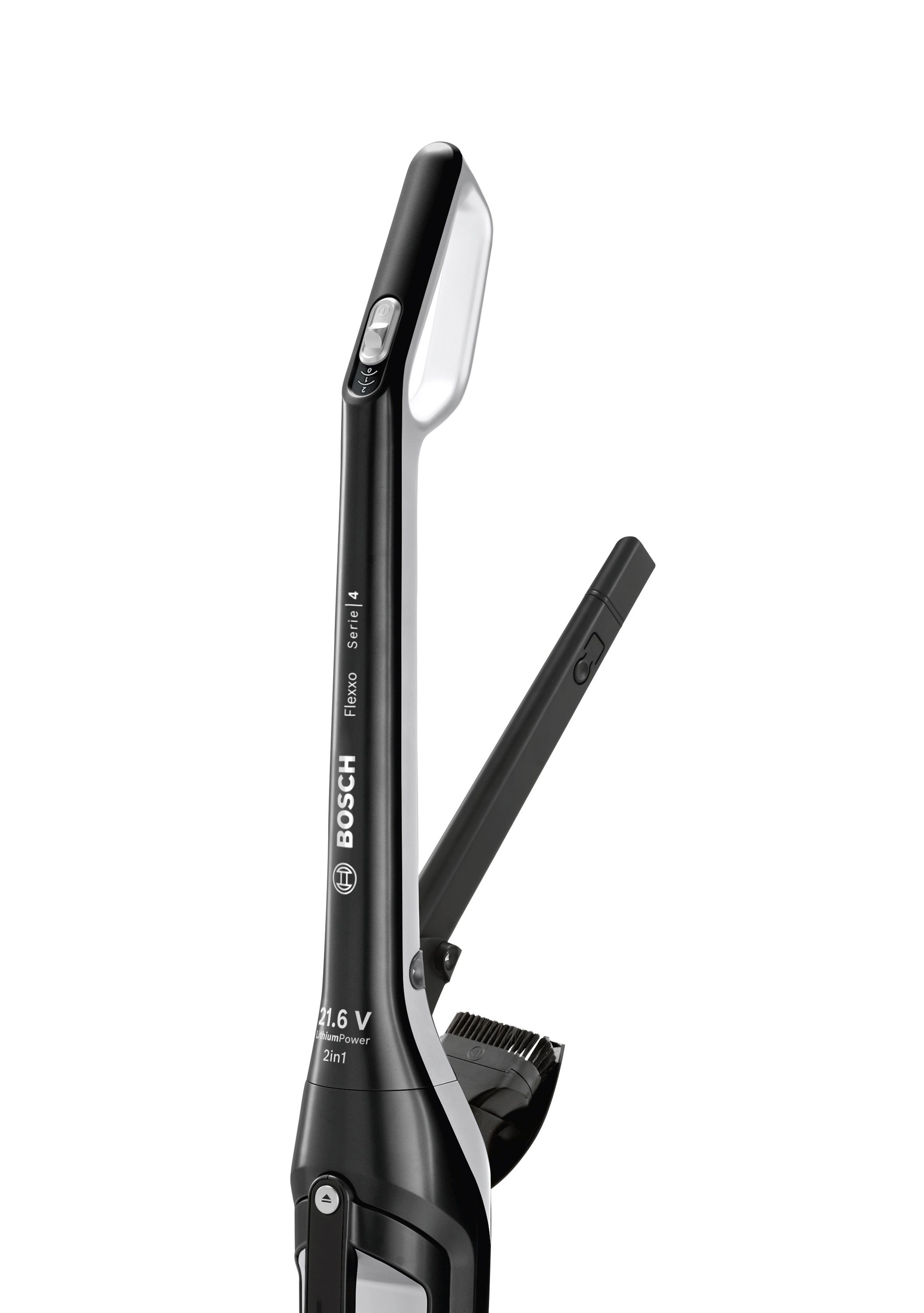 Schwarzer und silberner kabelloser Staubsauger. Bosch Flexxo Serie 4.