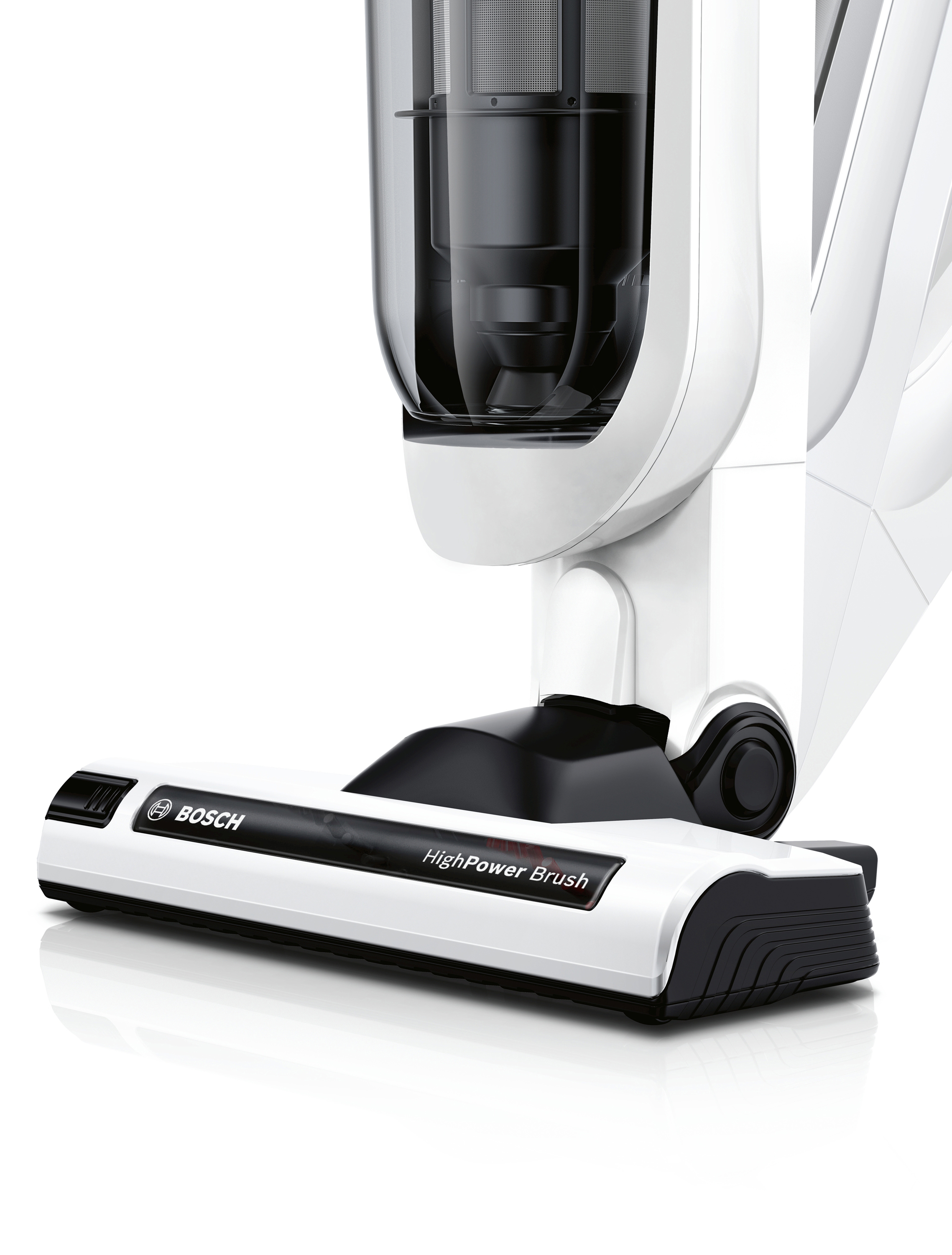 Eine Nahaufnahme eines weißen und schwarzen Bosch HighPower Brush Staubsaugerkopfes.