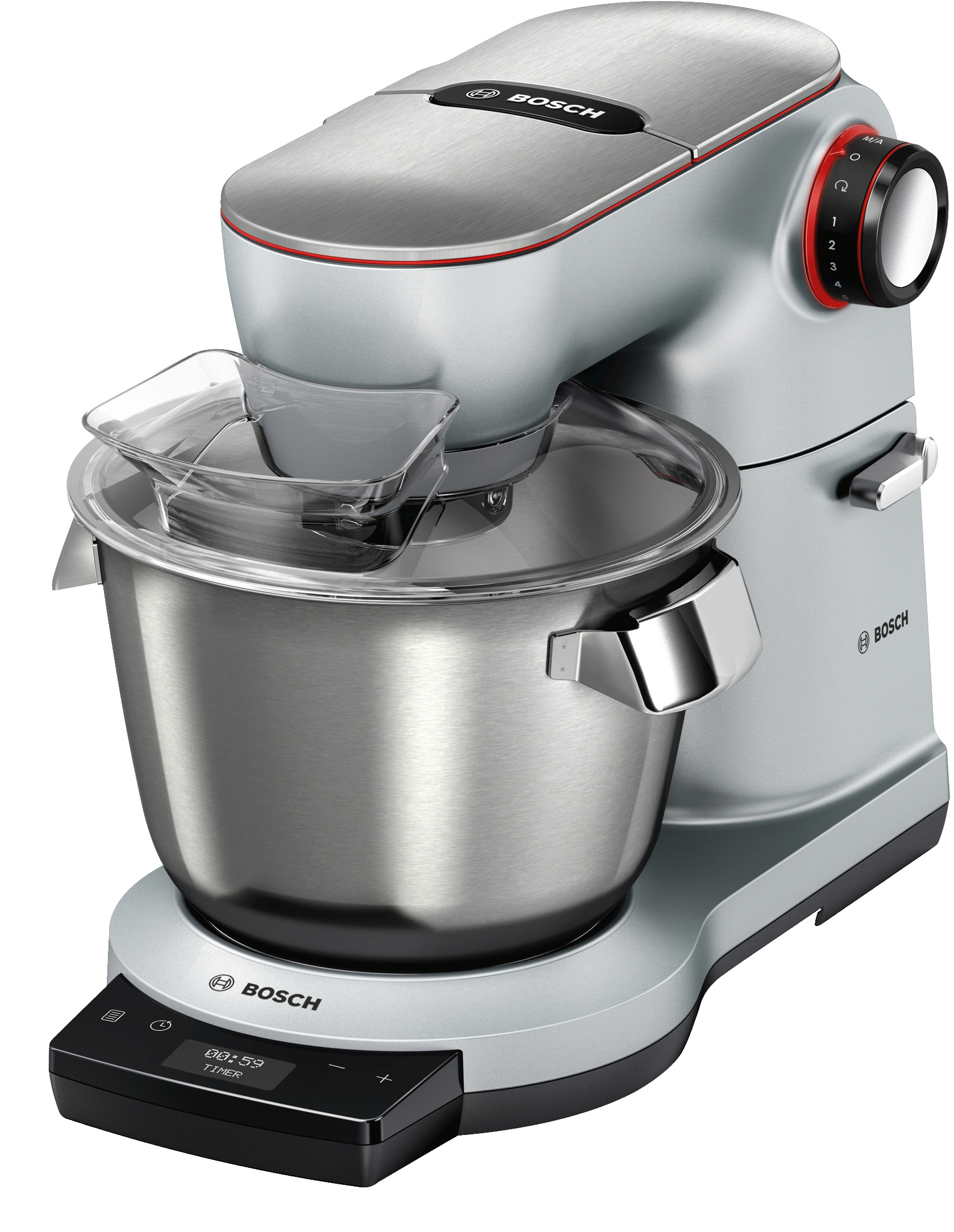 Silberfarbener Küchenmixer mit klarer Abdeckung der Schüssel. Er hat ein digitales Display und einen roten Drehregler.