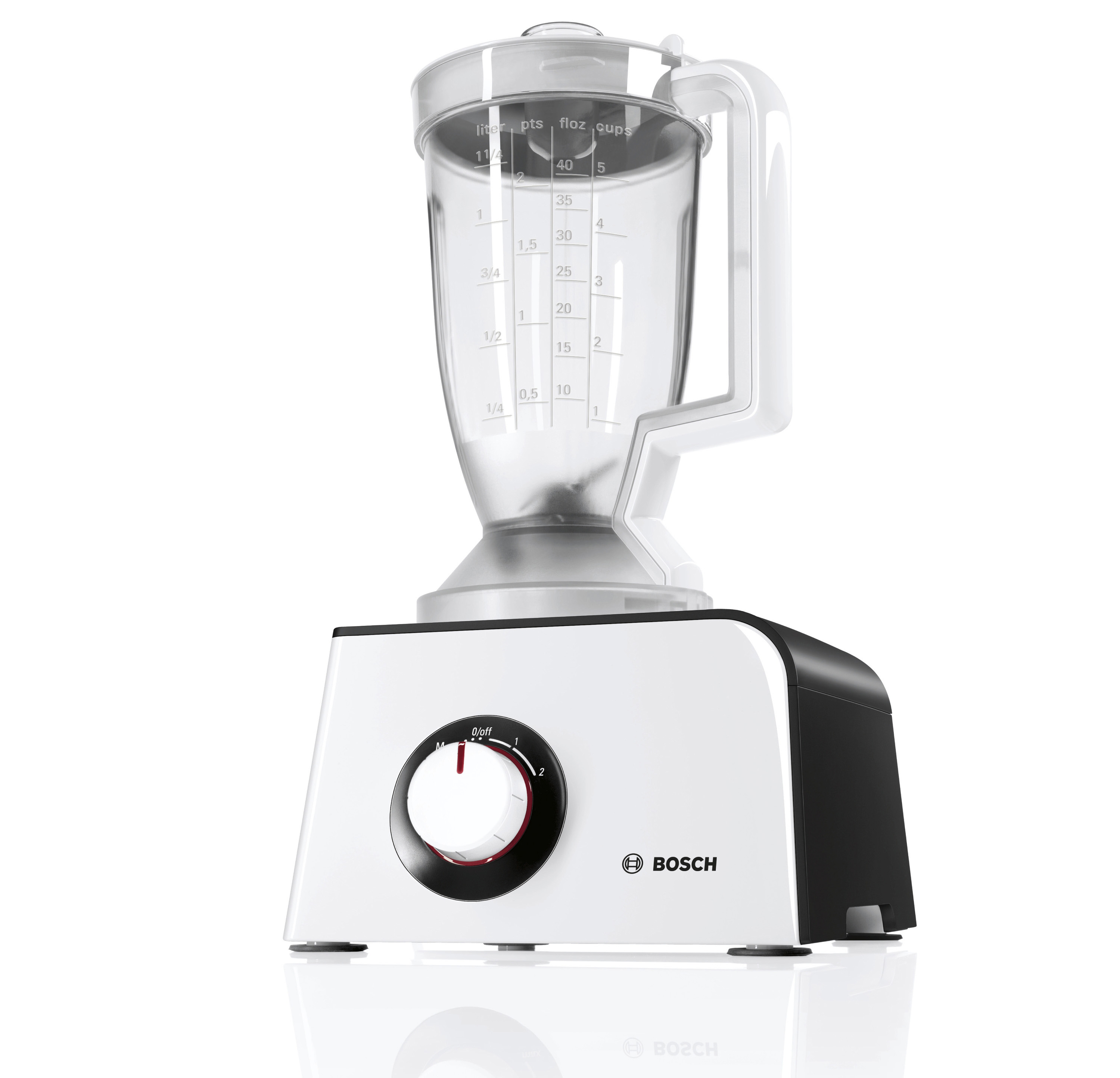 Weißer und schwarzer Bosch-Mixer mit transparentem Behälter.