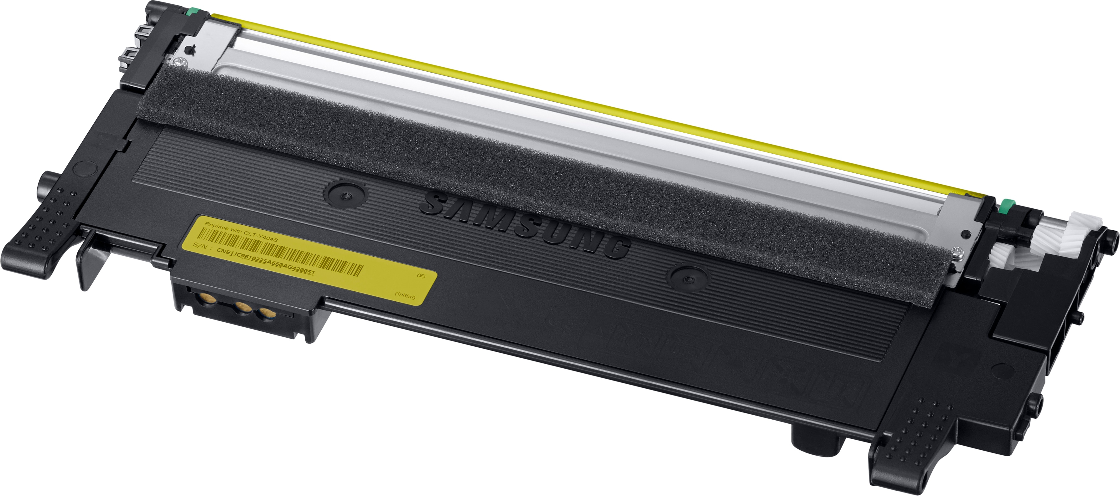 A new Samsung printer toner cartridge, black with yellow details, on a white background.