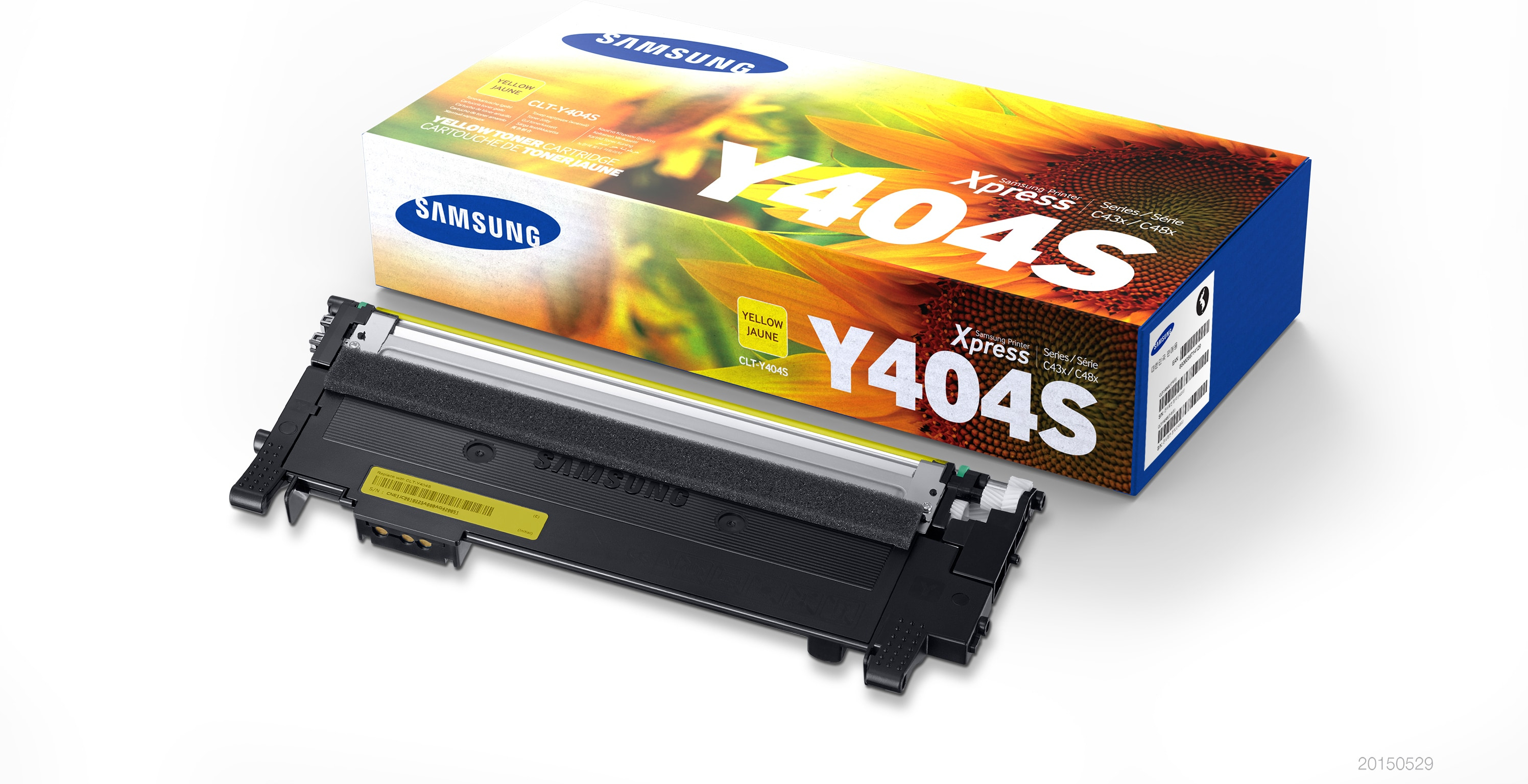 Samsung Y404S yellow toner cartridge and box, with sunflower image.