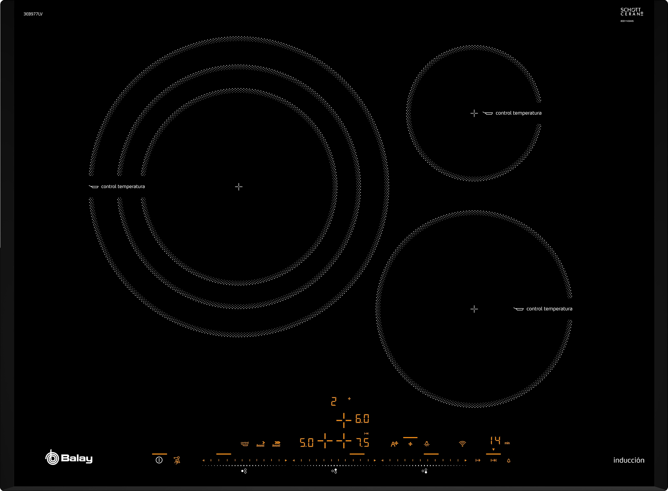 Encimera - Balay 3EB977LV, Inducción, Encastrable, 50-60 Hz, 3 zonas, Negro