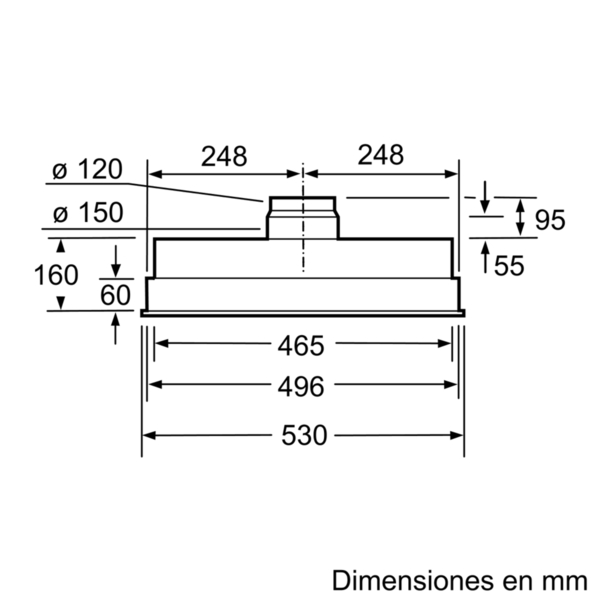 Diagrama de las dimensiones de una campana de cocina, con medidas en mm.