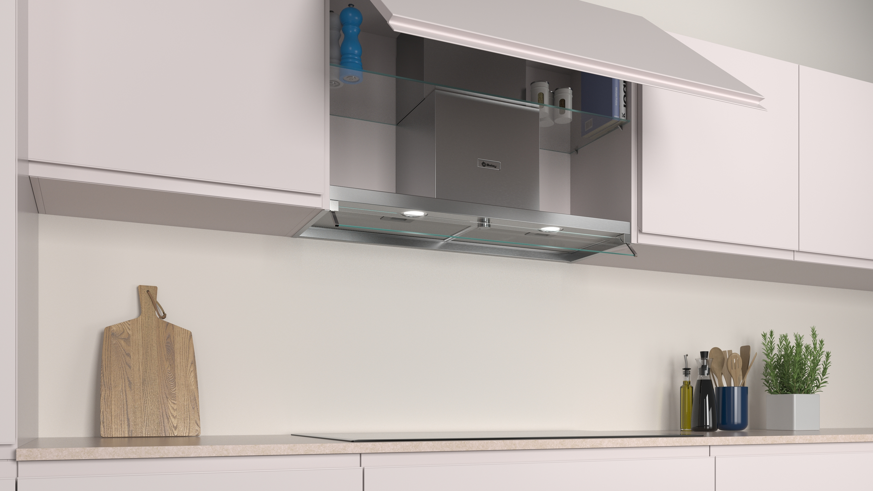 Una cocina moderna con gabinetes blancos, una campana extractora de vidrio y una tabla de cortar de madera.
