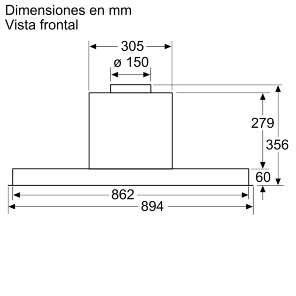 Diagrama de una campana extractora con dimensiones en mm, sobre fondo blanco.