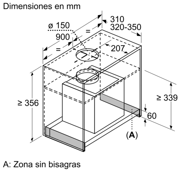 Diagrama de una campana extractora, dimensiones y medidas en mm. Incluye una sección marcada 'A'.