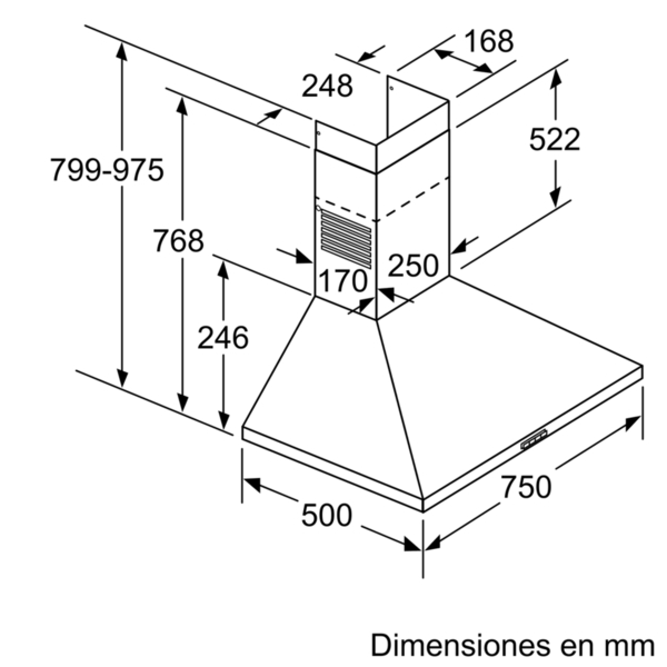 Vista isométrica de la campana extractora con dimensiones en mm. Muestra un dibujo arquitectónico detallado.