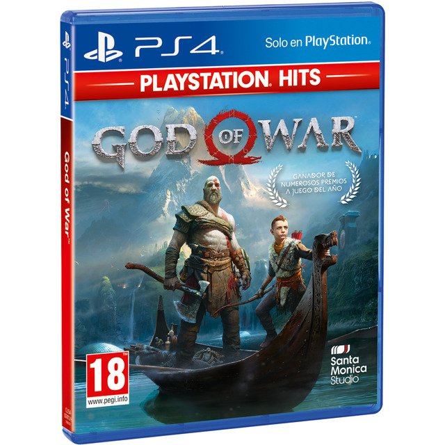 La caja del juego God of War, que muestra a Kratos y Atreus en un bote, con el título del juego.