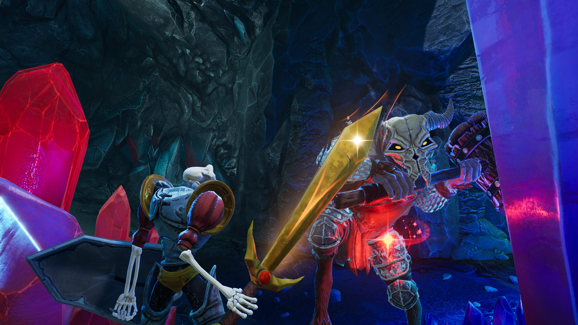 Dos personajes de fantasía luchando en una caverna con cristales.