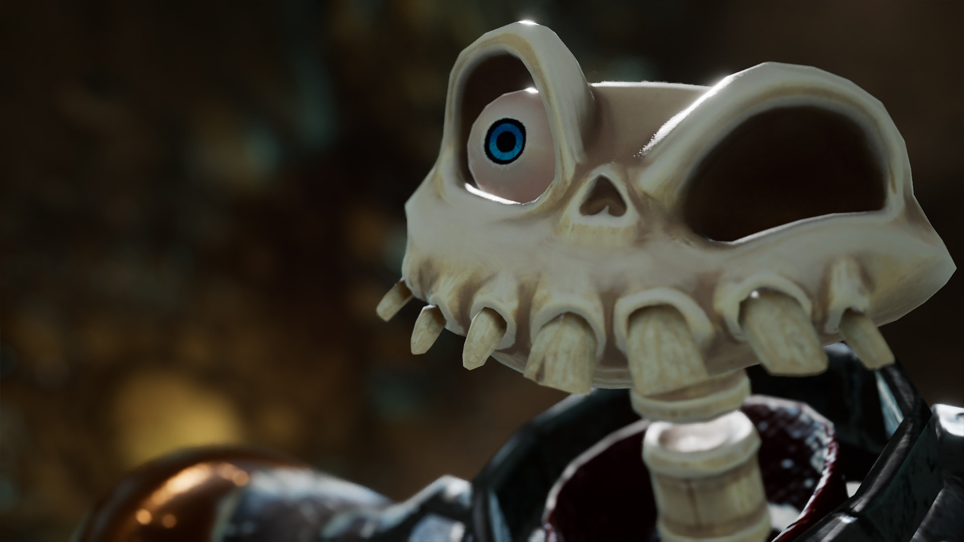 Primer plano de una calavera estilizada con un ojo azul. La calavera es parte de un esqueleto.