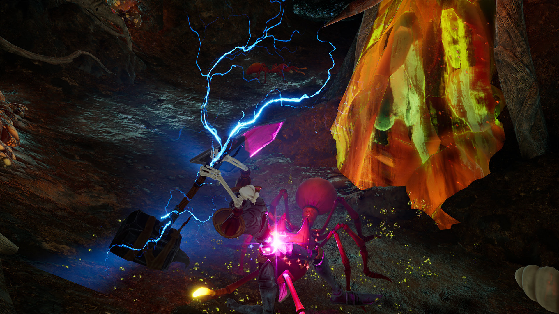 Una escena de juego: una figura de esqueleto luchando contra una hormiga gigante con electricidad, en una cueva.