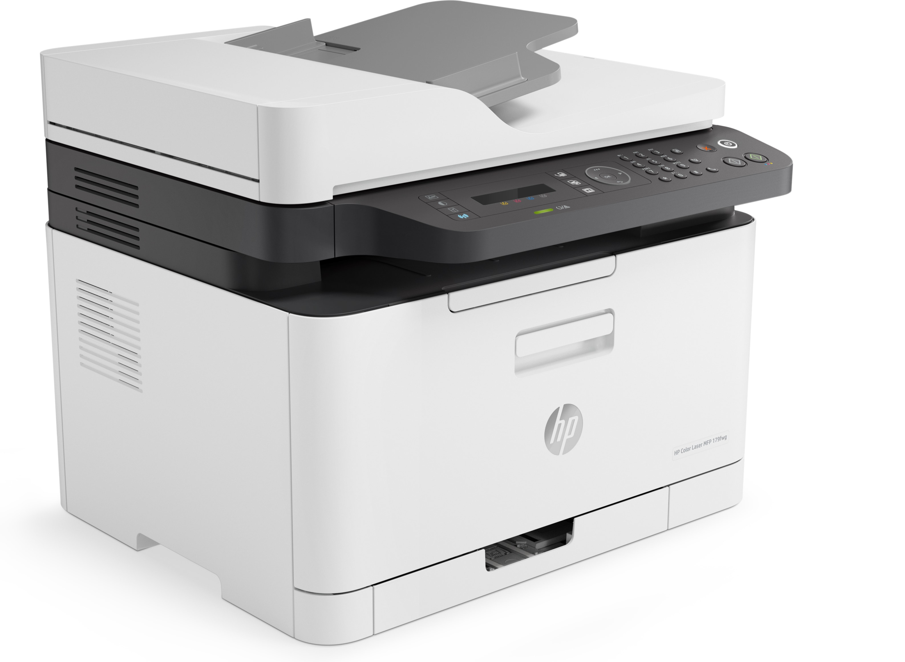 White and gray HP color laser printer, top view, with paper tray open.
